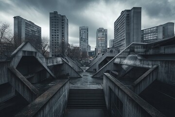 A stark brutalist cityscape featuring massive, monolithic concrete buildings with sharp angles and harsh lines.Brutalist architecture.Brutalism art.Brutalist design.Raw concrete.