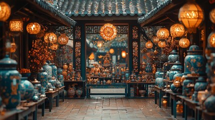 Obraz premium Vibrant marketplace filled with intricate lanterns and decorative pottery