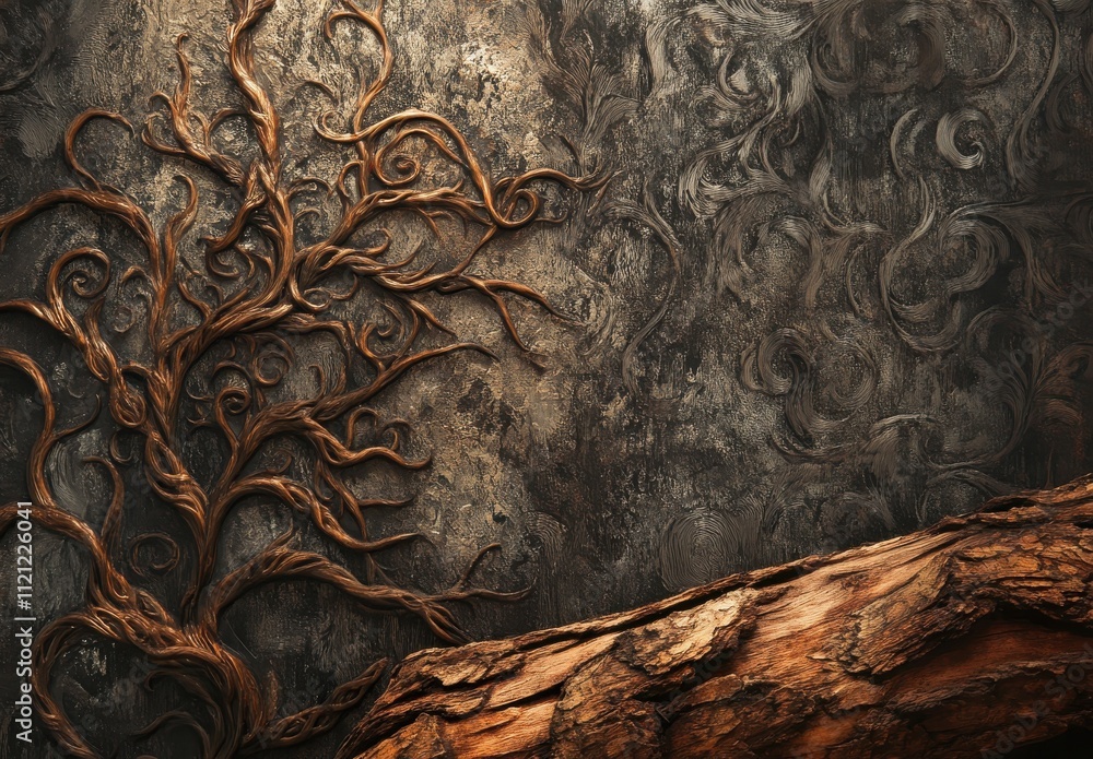Poster abstract depiction of a twisted tree with intricate branches against a textured dark background, sho
