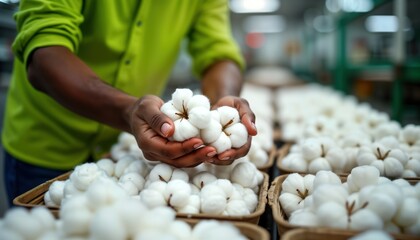 Person carefully handles harvested cotton bolls. Cotton processing stage. Fair trade principles visible in image. Focus on sustainable agriculture. Worker inspects quality of crop. Ethical production
