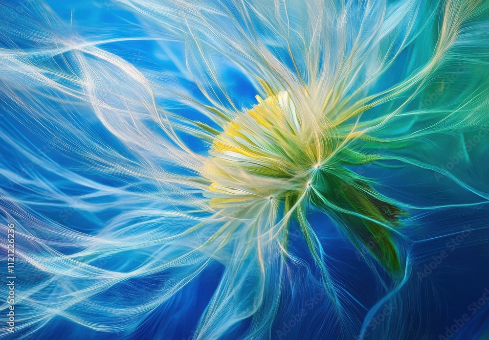 Poster abstract floral design featuring colorful petals and flowing patterns in a soft blue background repr