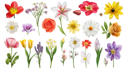 A Colorful Collection of Beautiful Flowers Isolated on Transparent Background – Perfect for Floral Designs, Illustrations, and Celebratory Concepts