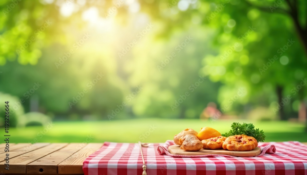 Poster empty picnic table with checkered tablecloth in park. food items displayed on wooden board. blurred 