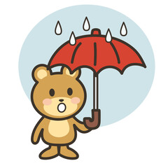 傘を差して雨降りの空を見上げるかわいいくまさんのイラスト