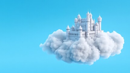 Castle in the Clouds: A whimsical 3D rendering of a majestic white castle nestled on a fluffy cloud against a vibrant blue sky. Perfect for fantasy, dreams, and escapism themes. 