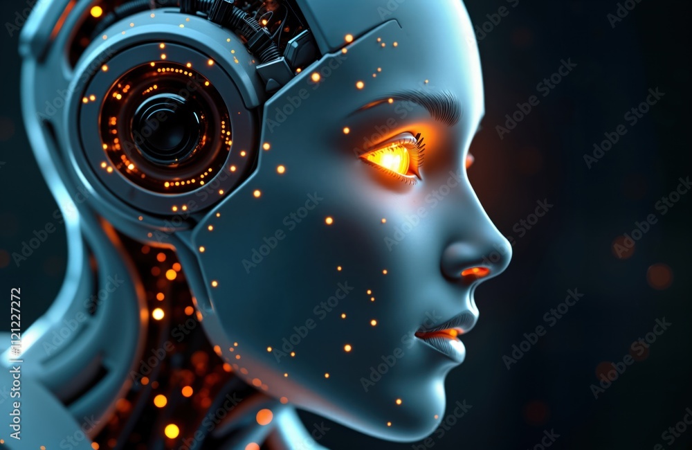 Poster close-up robotic face shows futuristic tech. silver skin, glowing eyes represent ai. head features c