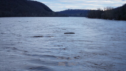 The Delaware river is flood after several raining days in winter
