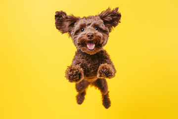 a dark brown maltipoo dog jumping on a yellow background