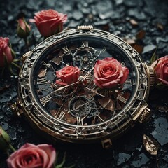 A surreal image of roses blooming out of a shattered watch face.
