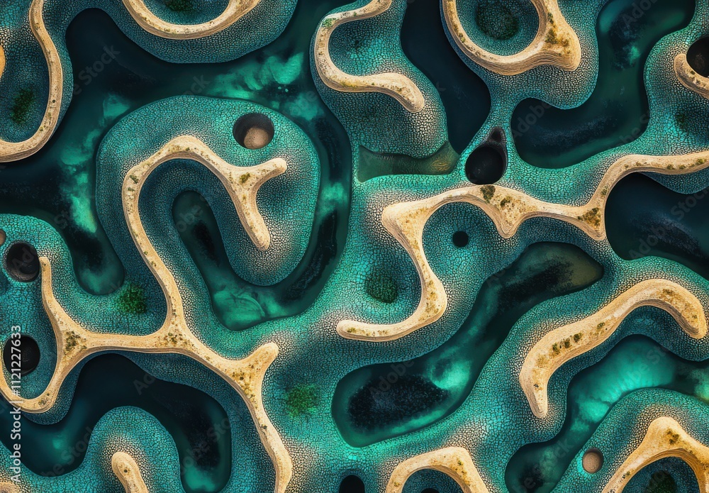 Poster aerial view of an intricate and winding coastal landscape with unique sand patterns and vibrant turq
