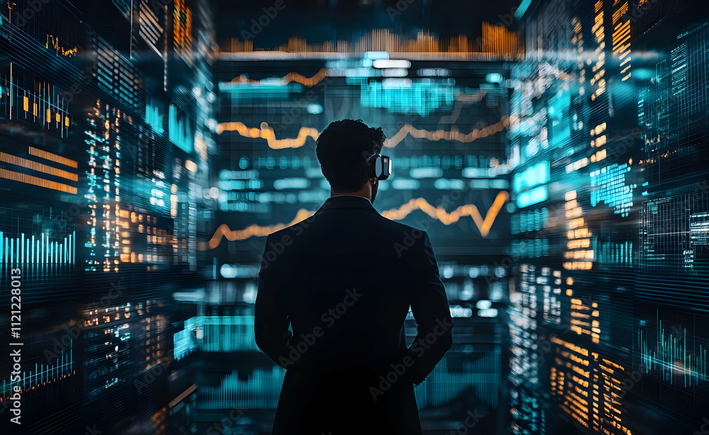 Aufkleber a businessman stands before a wall of dynamic data streams and financial charts, visualizing data an