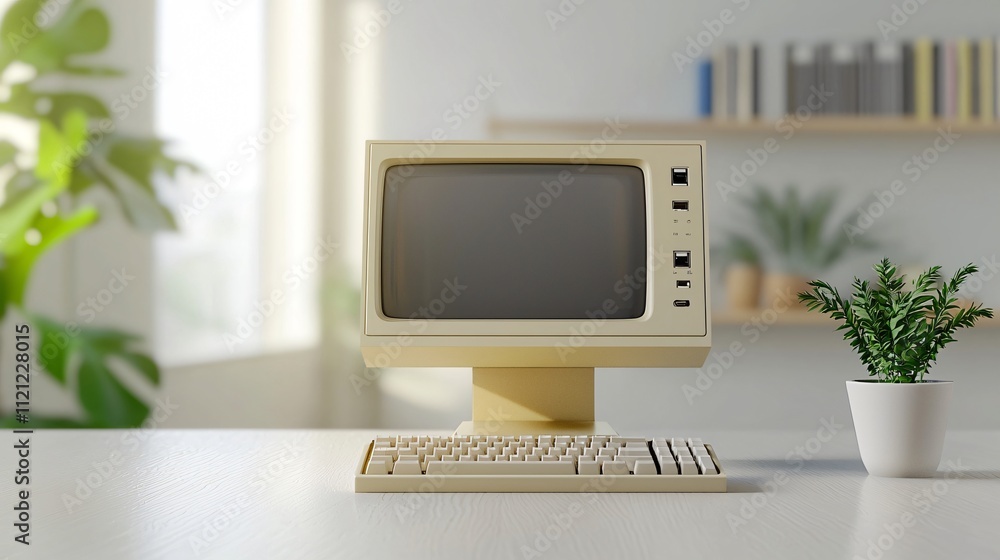 Poster vintage computer with keyboard on a desk in a bright, modern workspace.