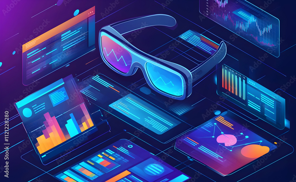 Poster futuristic vr glasses displaying data analytics charts and graphs on digital screens.