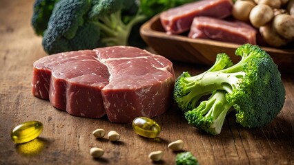 B12 supplement capsules alongside natural sources of the vitamin, including fresh cuts of meat and green broccoli, illustrating organic and nutritional options for health, 8k image