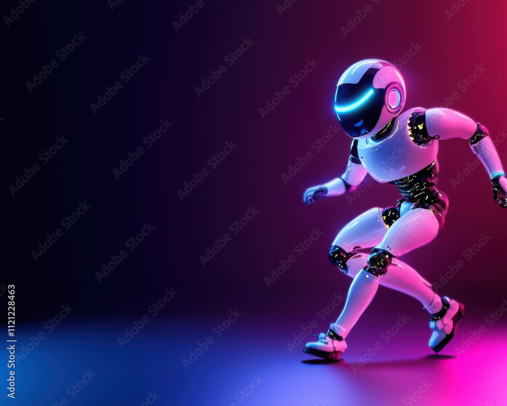 Poster futuristic robot sprinting in a vibrant neon environment.