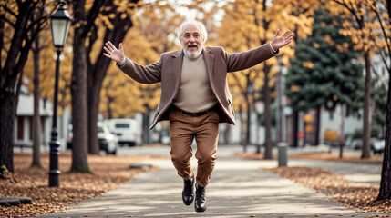 Fototapeta premium A man in a brown jacket and tan pants is jumping in the air