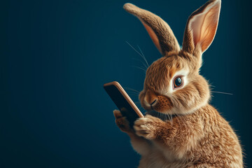 closeup of brown Easter bunny texting on smartphone . Isolated on dark blue background