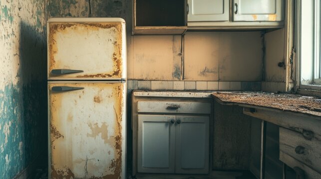 Abandoned Kitchen with Rusty Refrigerator and Worn Cabinets
