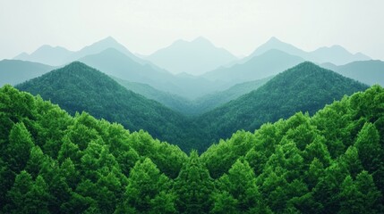 Obraz premium Lush forest transitioning into misty mountains: global warming and resource management