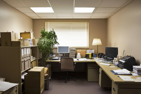 Old Obsolete Office Interior with Cluttered Workspace and Outdated Equipment