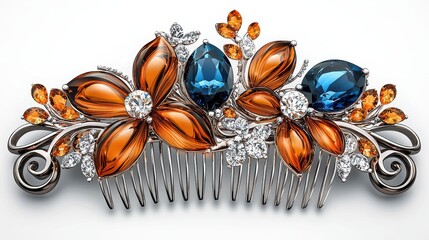 Fototapeta premium Elegant Silver Hair Comb Adorned with Topaz and Floral Design Elements