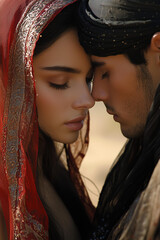 beautiful woman   , kissing the beautiful man , desert , photorealistic , cinematic light , aesthetics of an oriental fairy tale