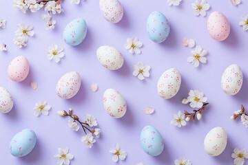 isometric pattern of painted easter eggs and blossom, on a pastel lilac background