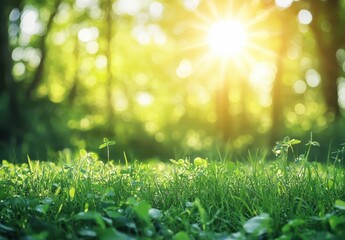 Obraz premium Beautiful Natural Landscape with Sunlight Shining through Trees, Green Grass and Plants Creating a Peaceful and Refreshing Outdoor Atmosphere for Relaxation
