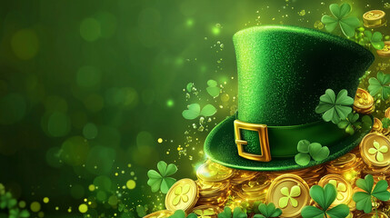 A sparkling green leprechaun hat surrounded by golden coins and clovers on a bright, festive background, symbolizing Saint Patrick's Day.