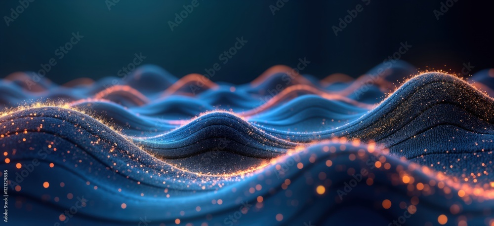 Poster Abstract digital landscape shows dynamic waves with glowing particles. Futuristic tech background with vibrant colors, interconnected patterns. Modern art style. Cybernetic flow of energy, data
