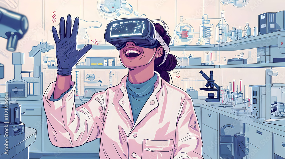 Poster a female scientist in a lab coat uses a vr headset to interact with a virtual environment.
