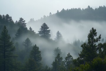 Obraz premium Conifer forest with mist at sunrise