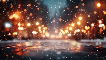 Obraz premium Beautiful winter night scene with gentle snowfall illuminating a city street decorated with warm glowing lights in a cozy holiday atmosphere