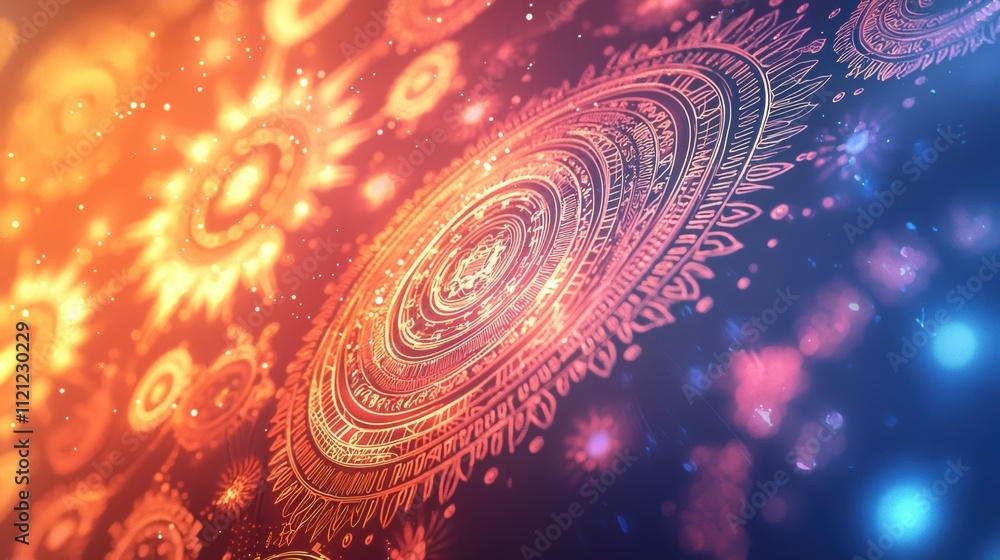 Poster vibrant cosmic mandala patterns abstract art digital creation colorful background close-up view