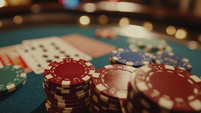 A close up of poker chips and playing cards on a casino table, symbolizing gambling, strategy, and entertainment.