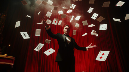 A magician in a tuxedo dramatically throwing playing cards into the air on stage with a red curtain backdrop.