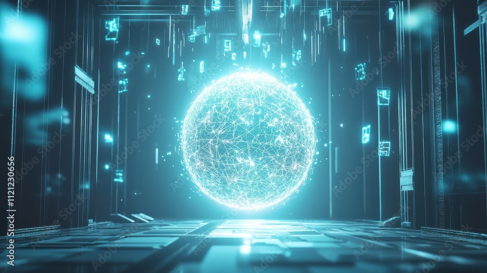 Poster exploring futuristic environments innovative 3d graphic design and digital sphere animation