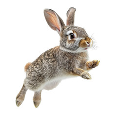 Obraz premium Playful Brown Rabbit in Mid-Jump Captured in Stunning Detail Against a White Background
