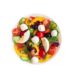 Fresh garden salad featuring colorful vegetables and creamy mozzarella served in a white bowl for a healthy meal option
