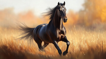 A photorealistic depiction of a black Arabian horse running through a golden meadow, exuding power and elegance.