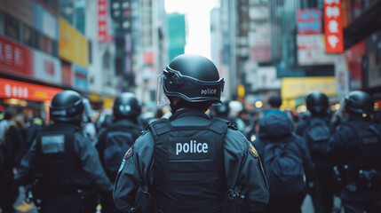 Helmeted police officers in tactical gear stand in formation on a busy city street during a daytime protest.