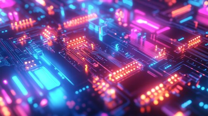 Futuristic Circuit Board, Glowing Neon Lights, High-Tech Background, Digital Circuitry Close-Up, Tech Electronics Art