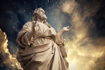 Obraz premium Statue of a man with long hair and robes reaching toward the sky with clouds and stars