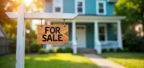 Fototapeta premium Wooden sign says FOR SALE hangs from white post. Teal house with porch, lawn in background. Real estate property sale advertisement. Home for sale concept. Exterior of residence. Property for