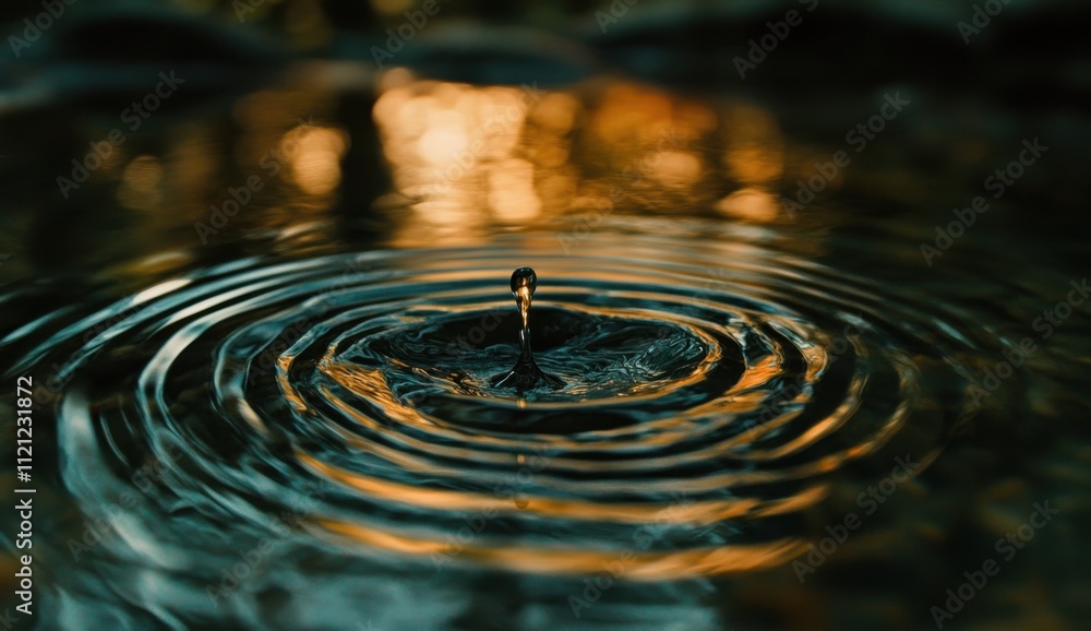 Poster captivating ripples and splashes in a serene pond with golden reflections at sunset, creating a tran