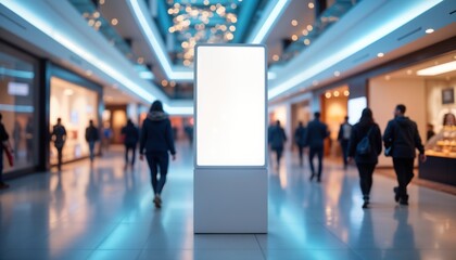 Interactive digital display in busy mall corridor. Blank white screen on modern kiosk. People walk by. Future commerce concept. Shopping mall environment. Trendy, futuristic tech for retail marketing.