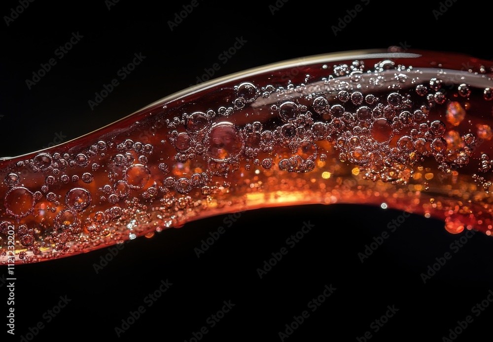Poster close-up image of bubbles in liquid with vivid color and unique light reflections in dark background