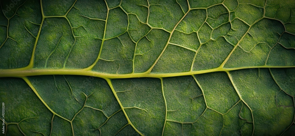 Poster close-up image of a green leaf showing intricate patterns of veins and textures under natural light 