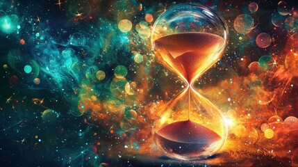 Cosmic hourglass turning time outer space digital art vibrant surreal concept