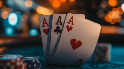 A poker hand showing three aces with poker chips in the foreground and a blurred casino background.